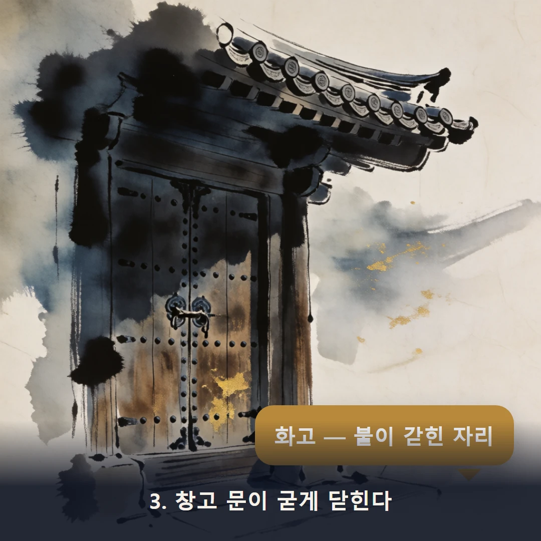 웹툰 3컷 — 3. 창고 문이 굳게 닫힌다 (화고 — 불이 갇힌 자리)