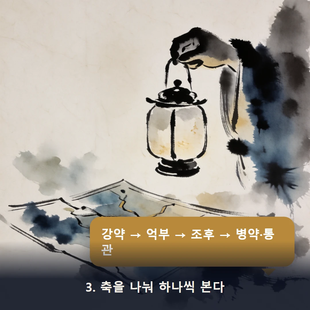 웹툰 3컷 — 3. 축을 나눠 하나씩 본다 (강약 → 억부 → 조후 → 병약·통관)