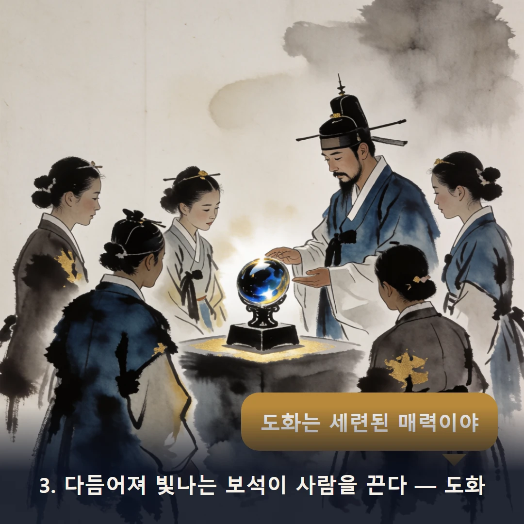 웹툰 3컷 — 3. 다듬어져 빛나는 보석이 사람을 끈다 — 도화 (도화는 세련된 매력이야)